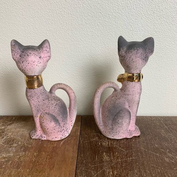 Pair (2) MCM Bisque Porcelain Pink‎ Siamese Cat Figurines Gold Rhinestones eyes - Picture 5 of 8